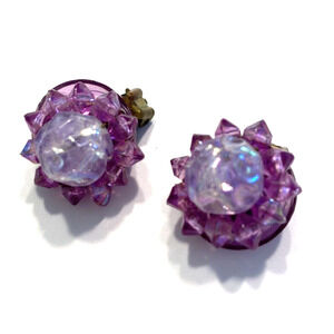 Vintage Mid Century Purple Bead Cluster Clip On Earrings Small Textured Romantic